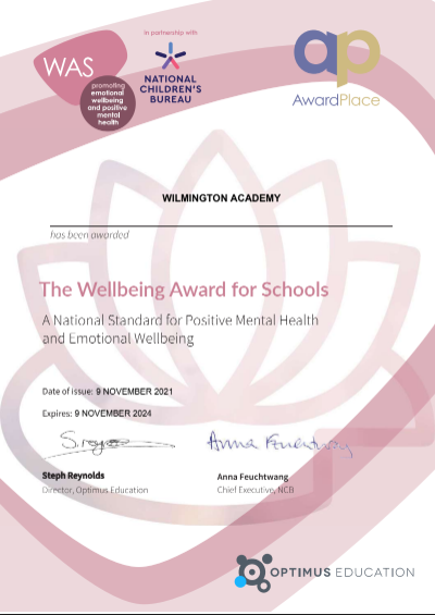 Wilmington Academy wellbeing award certificate