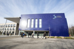 Photo showing the exterior of the Strood Academy building, taken from the front main entrance.