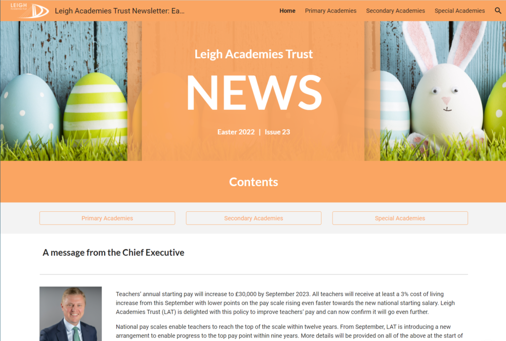 LAT Easter Newsletter 2022 homepage screenshot.