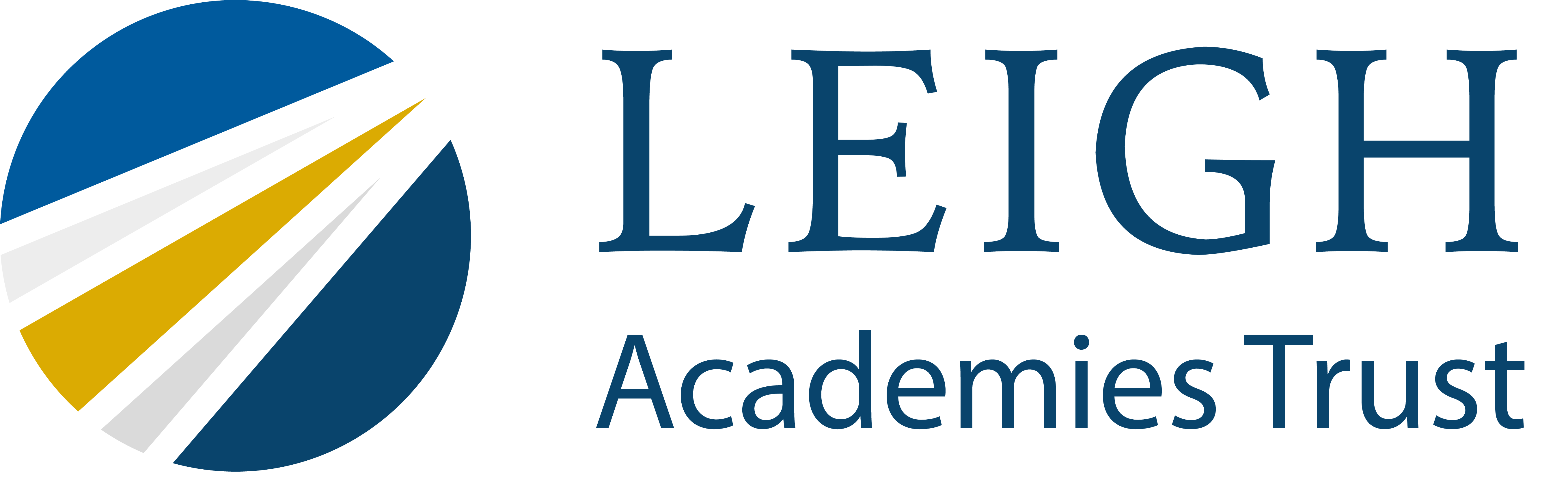 Logo for Leigh Academies Trust which is gold, blue, and grey in a circle with the text on the right that reads 'leigh academies trust'