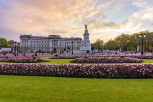London, UK - 28 April 2024: Royal Buckingham palace and Victoria memorial at sunset